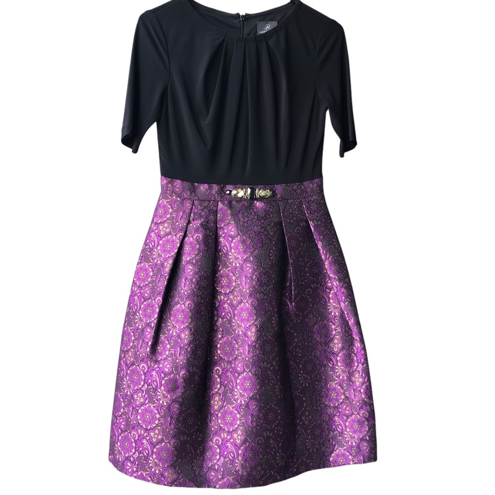 ADRIANNA PAPELL Size 2 Black Violet Brocade Gem Pleaded Fit Flare Dress.Exc.C.
